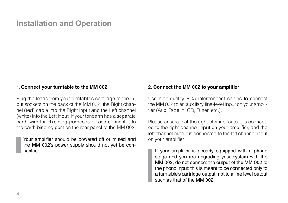 Installation and operation | THORENS MM 002 User Manual | Page 4 / 18