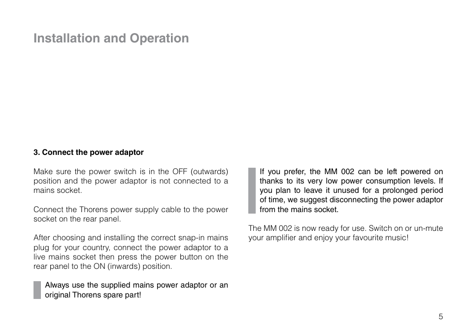 Installation and operation | THORENS MM 002 User Manual | Page 5 / 18