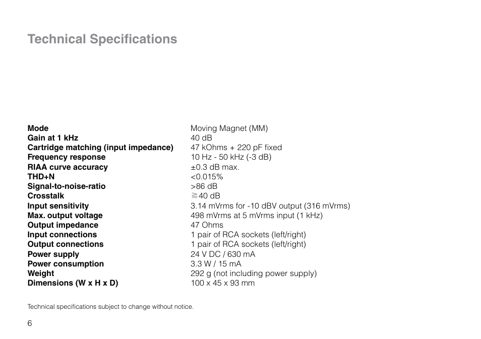 Technical specifications | THORENS MM 002 User Manual | Page 6 / 18