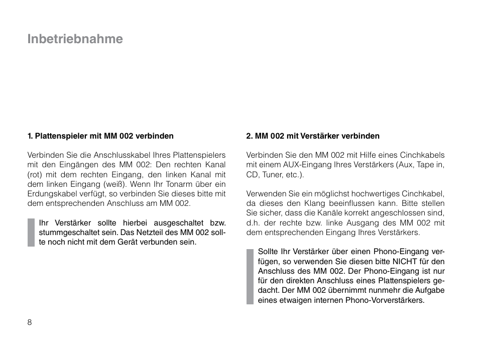 Inbetriebnahme | THORENS MM 002 User Manual | Page 8 / 18