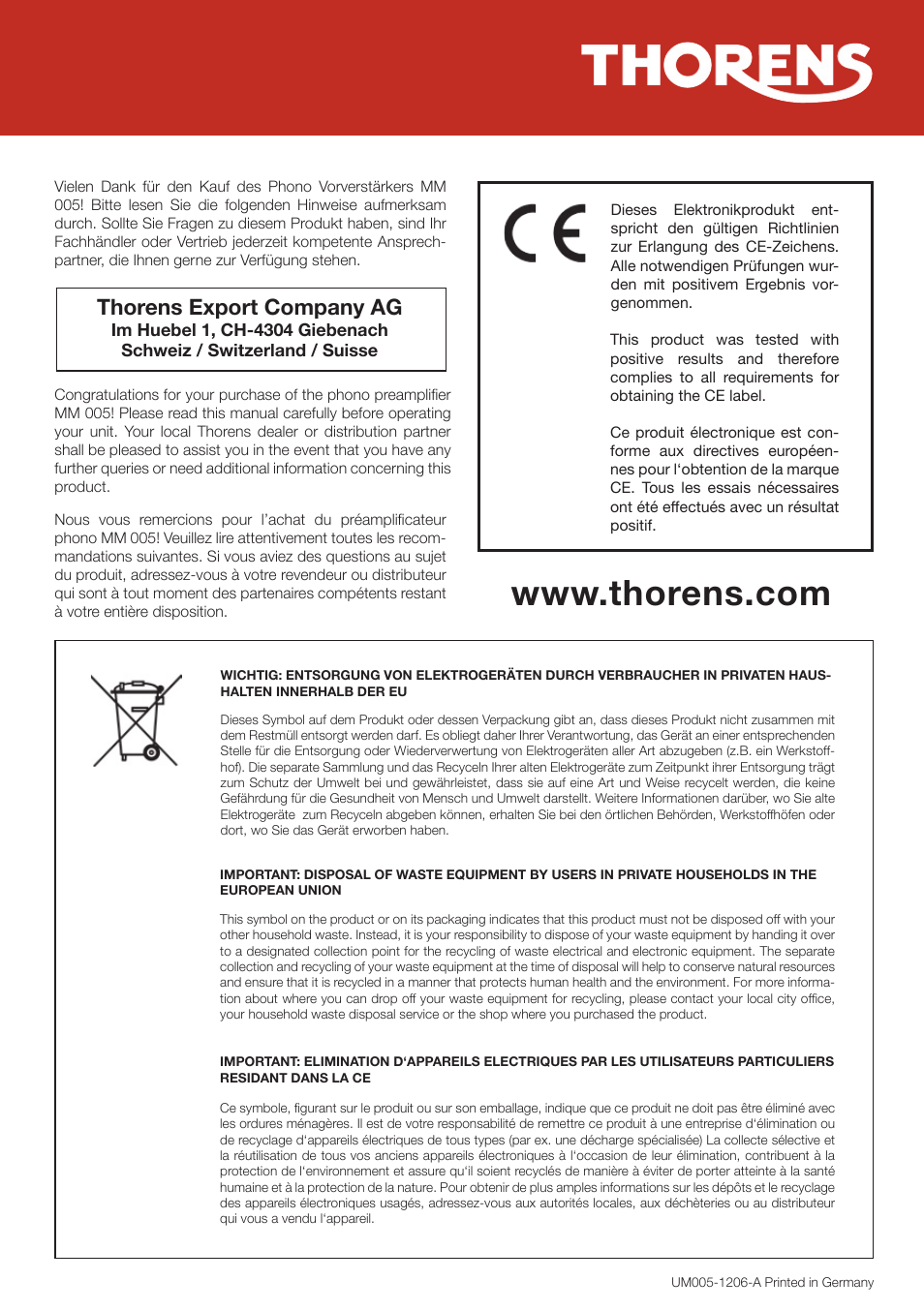THORENS MM 005 User Manual | 2 pages