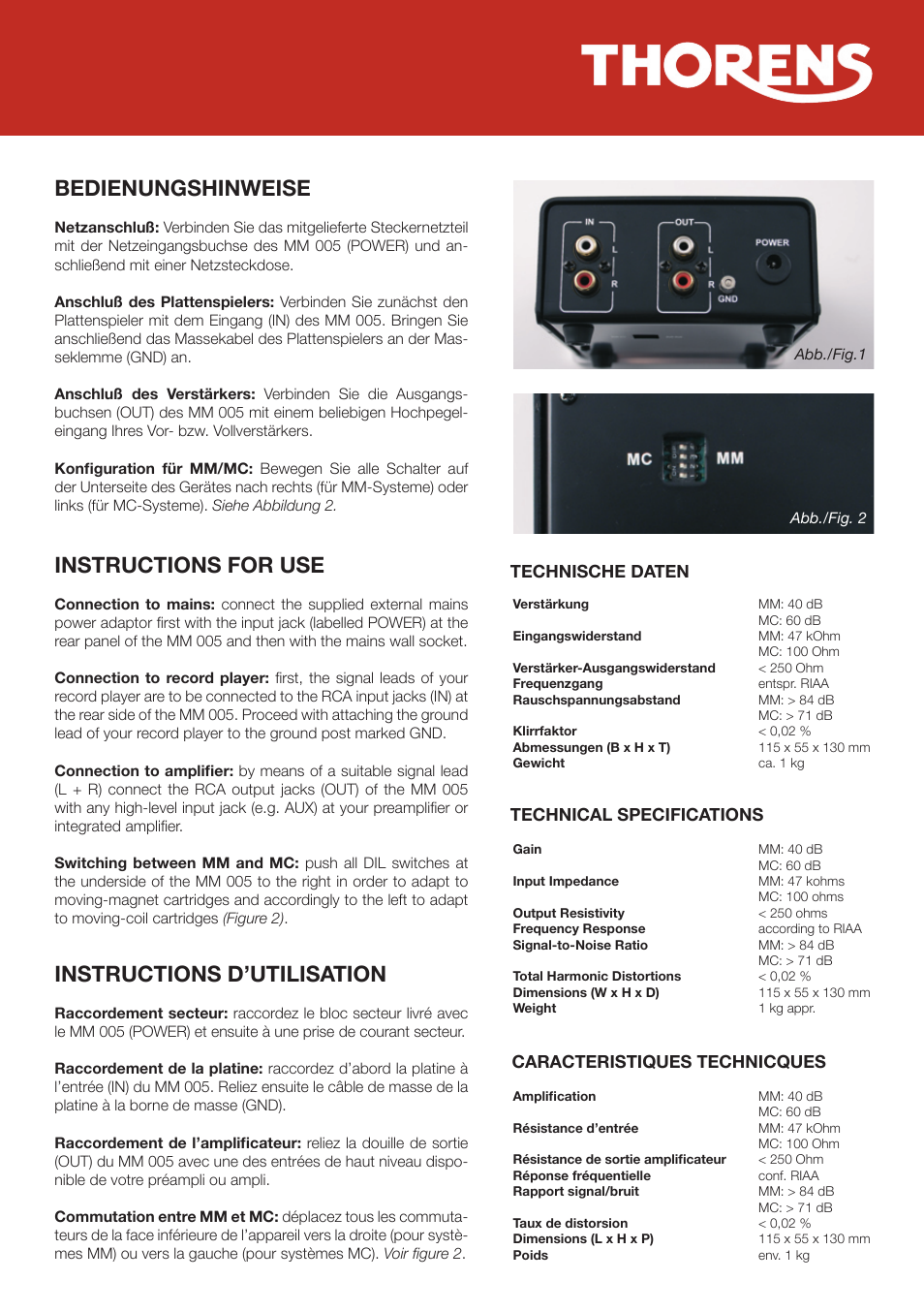 Bedienungshinweise, Instructions for use, Instructions d’utilisation | THORENS MM 005 User Manual | Page 2 / 2