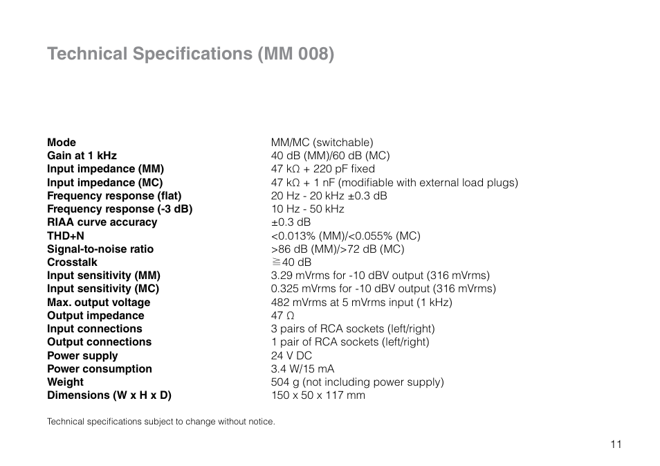 Technical specifications (mm 008) | THORENS MM 008 ADC User Manual | Page 11 / 30