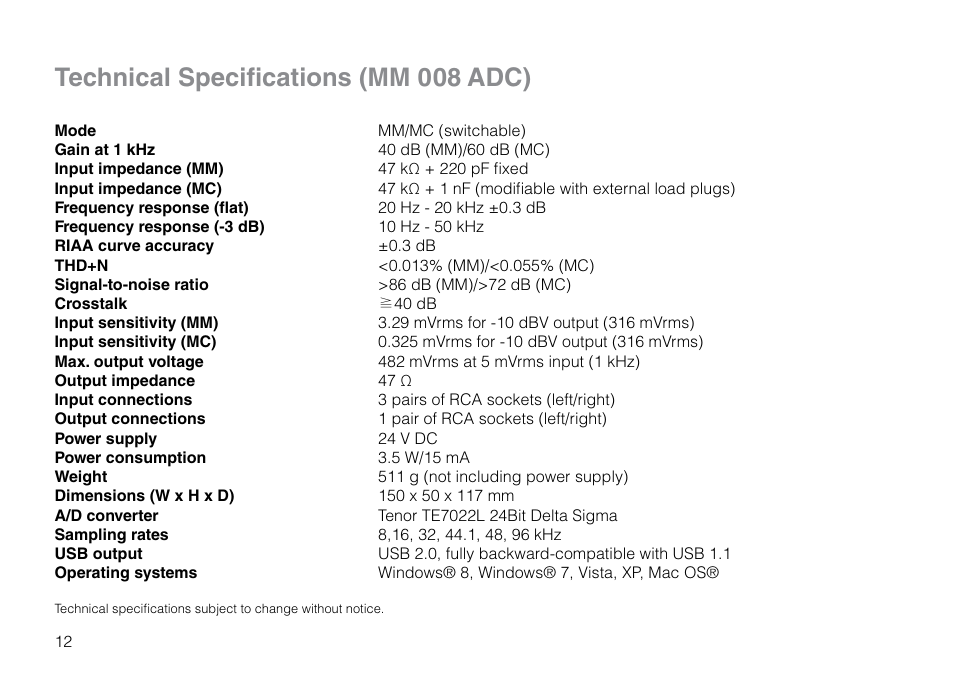 Technical specifications (mm 008 adc) | THORENS MM 008 ADC User Manual | Page 12 / 30