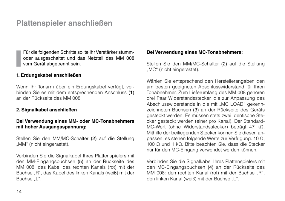 Plattenspieler anschließen | THORENS MM 008 ADC User Manual | Page 14 / 30