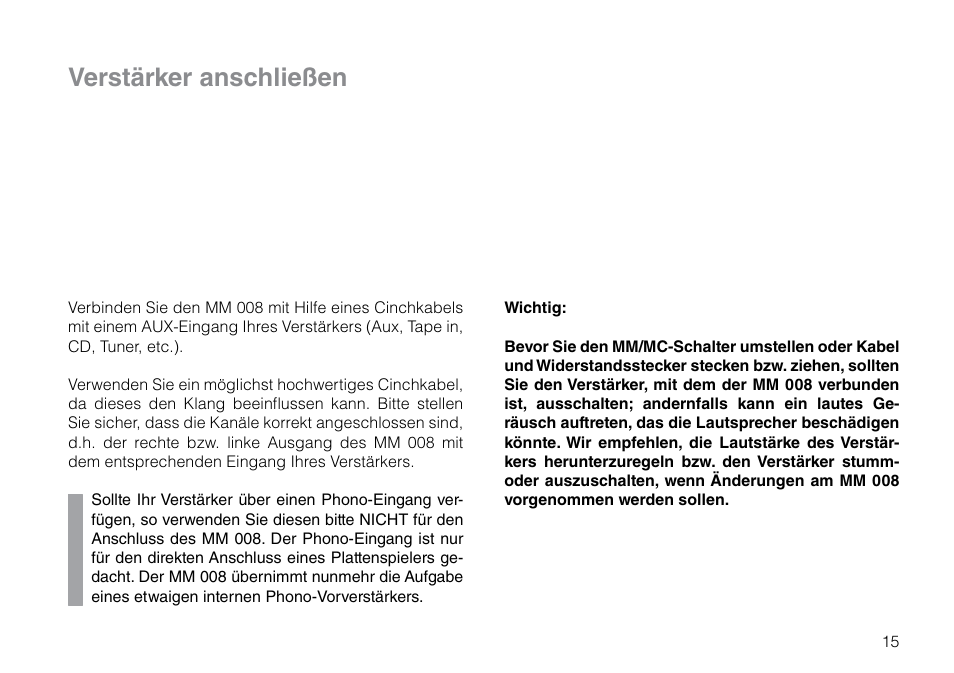 Verstärker anschließen | THORENS MM 008 ADC User Manual | Page 15 / 30