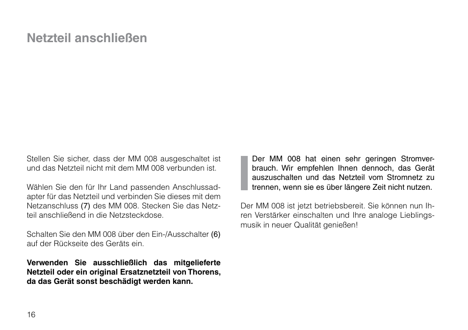 Netzteil anschließen | THORENS MM 008 ADC User Manual | Page 16 / 30