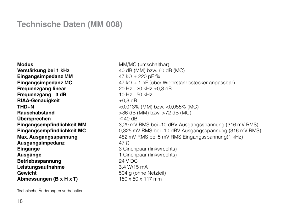 Technische daten (mm 008) | THORENS MM 008 ADC User Manual | Page 18 / 30