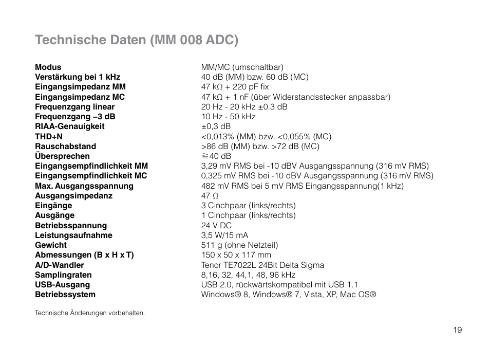 Technische daten (mm 008 adc) | THORENS MM 008 ADC User Manual | Page 19 / 30