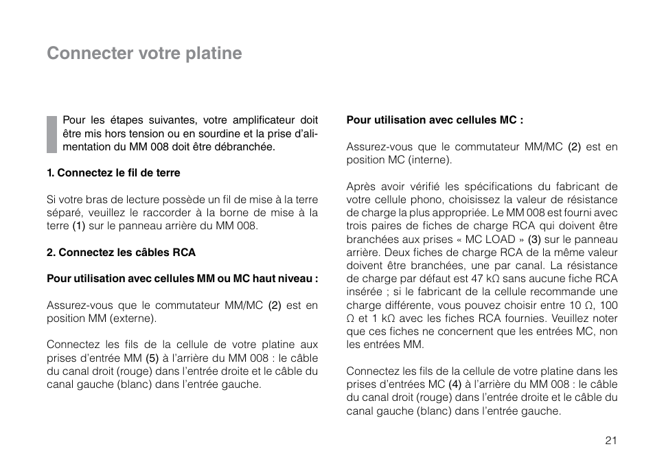 Connecter votre platine | THORENS MM 008 ADC User Manual | Page 21 / 30