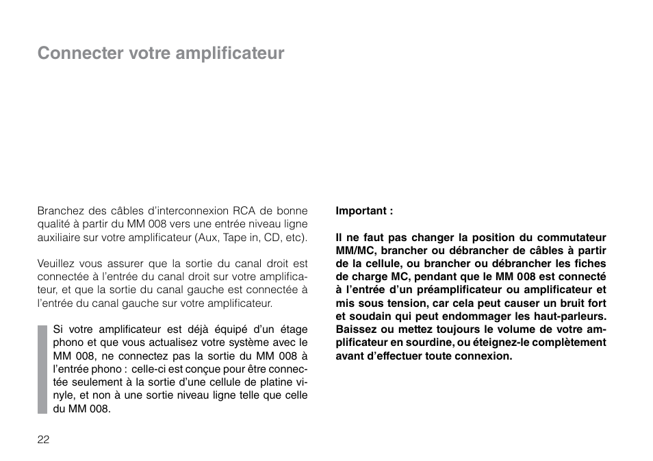 Connecter votre amplificateur | THORENS MM 008 ADC User Manual | Page 22 / 30