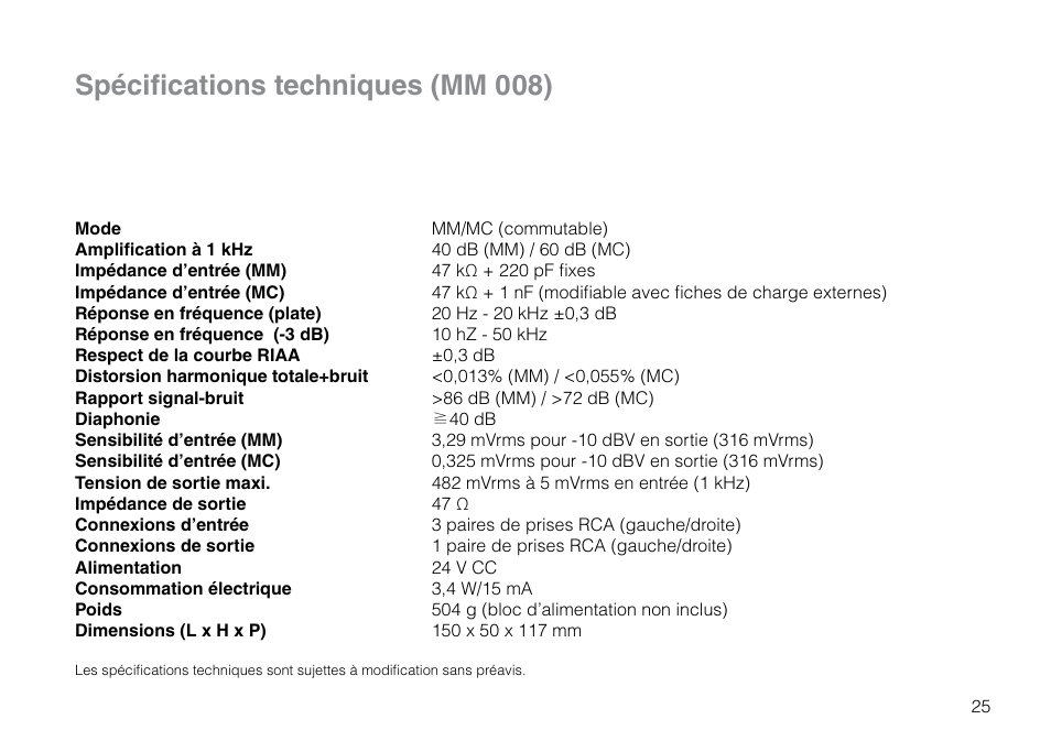 Spécifications techniques (mm 008) | THORENS MM 008 ADC User Manual | Page 25 / 30