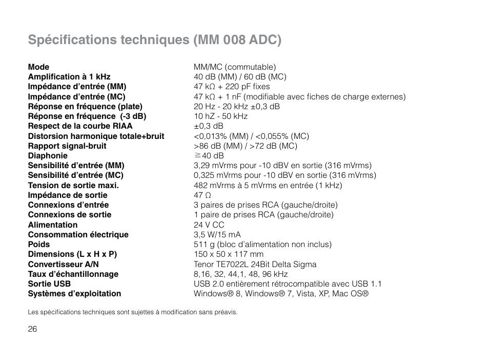 Spécifications techniques (mm 008 adc) | THORENS MM 008 ADC User Manual | Page 26 / 30