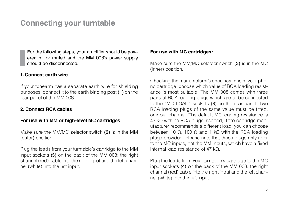 Connecting your turntable | THORENS MM 008 ADC User Manual | Page 7 / 30