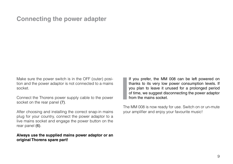 Connecting the power adapter | THORENS MM 008 ADC User Manual | Page 9 / 30