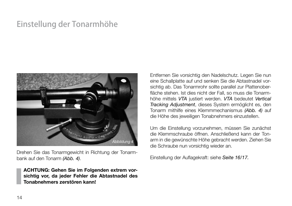 Einstellung der tonarmhöhe | THORENS TD 160 HD User Manual | Page 14 / 60