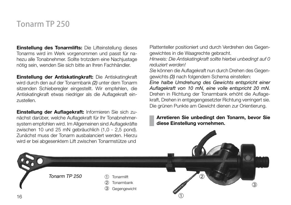 Tonarm tp 250 | THORENS TD 160 HD User Manual | Page 16 / 60