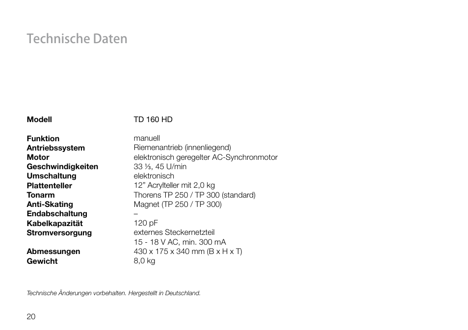 Technische daten | THORENS TD 160 HD User Manual | Page 20 / 60