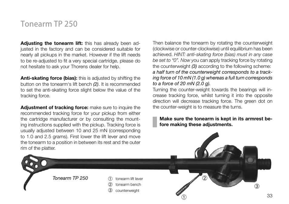 Tonearm tp 250 | THORENS TD 160 HD User Manual | Page 33 / 60