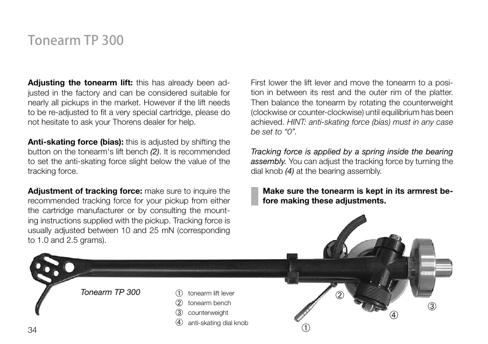 Tonearm tp 300 | THORENS TD 160 HD User Manual | Page 34 / 60