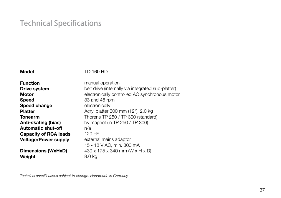 Technical specifications | THORENS TD 160 HD User Manual | Page 37 / 60