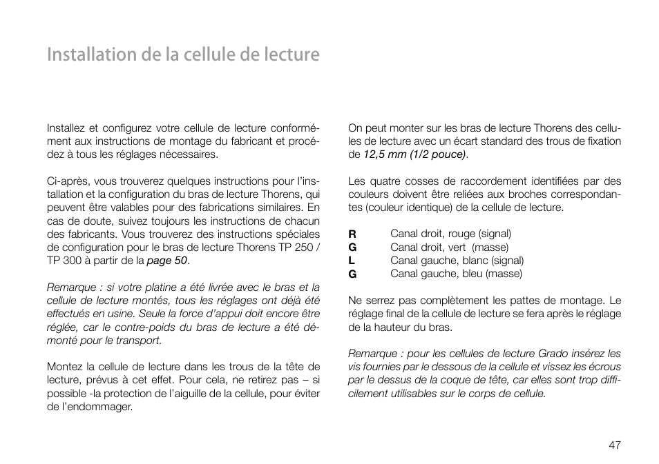 Installation de la cellule de lecture | THORENS TD 160 HD User Manual | Page 47 / 60