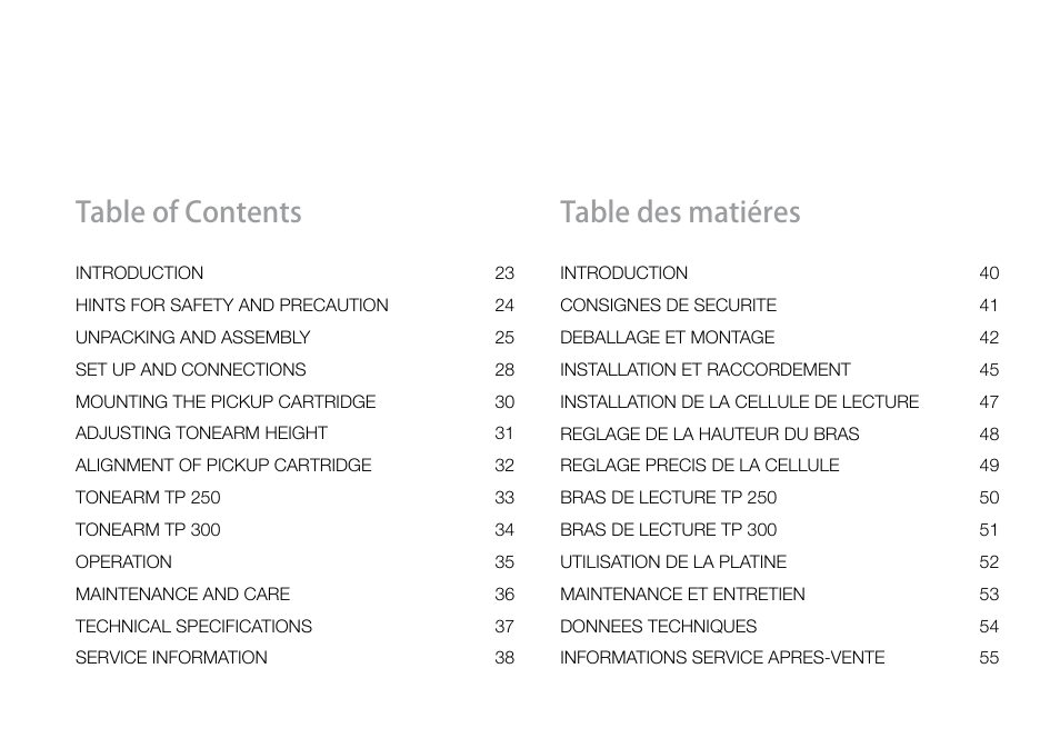 Table of contents table des matiéres | THORENS TD 160 HD User Manual | Page 5 / 60