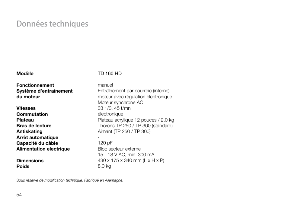 Données techniques | THORENS TD 160 HD User Manual | Page 54 / 60