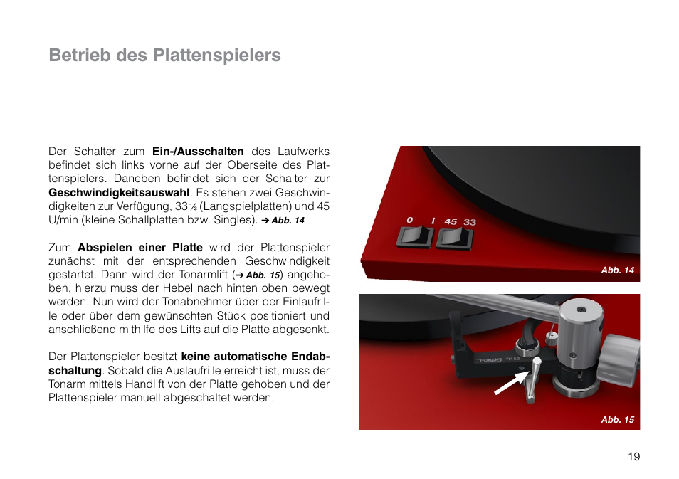 Betrieb des plattenspielers | THORENS TD 203 User Manual | Page 19 / 56