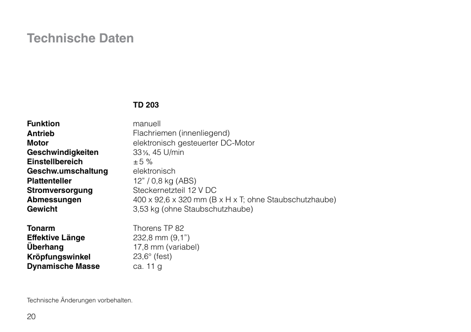 Technische daten | THORENS TD 203 User Manual | Page 20 / 56