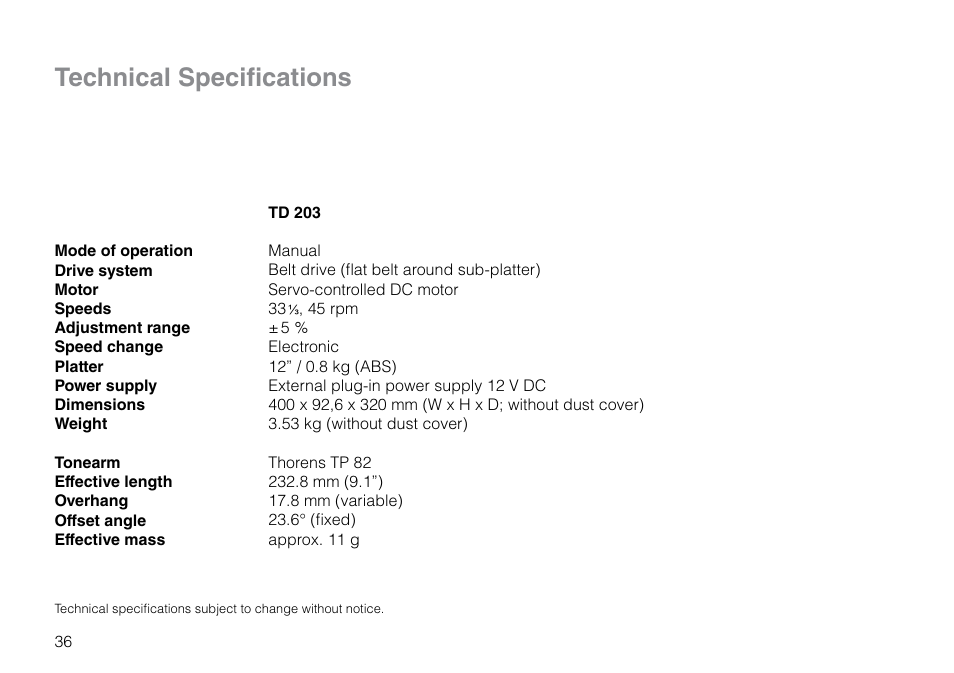 Technical specifications | THORENS TD 203 User Manual | Page 36 / 56