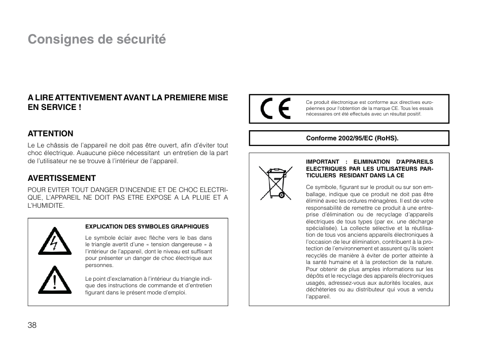 Consignes de sécurité, Avertissement | THORENS TD 203 User Manual | Page 38 / 56