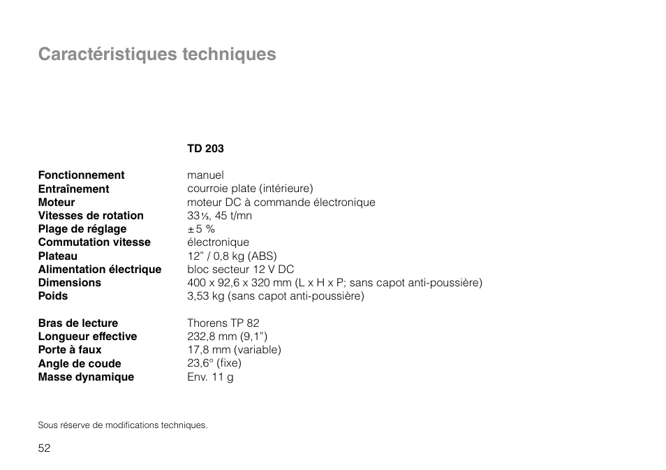 Caractéristiques techniques | THORENS TD 203 User Manual | Page 52 / 56