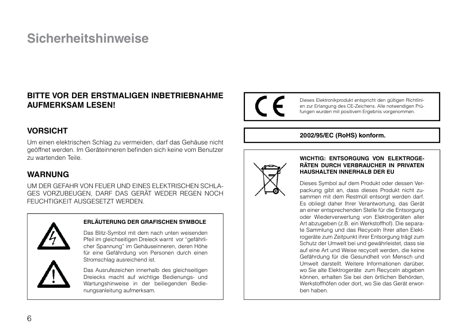 Sicherheitshinweise, Warnung | THORENS TD 203 User Manual | Page 6 / 56