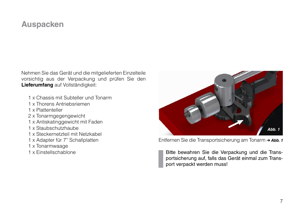 Auspacken | THORENS TD 203 User Manual | Page 7 / 56