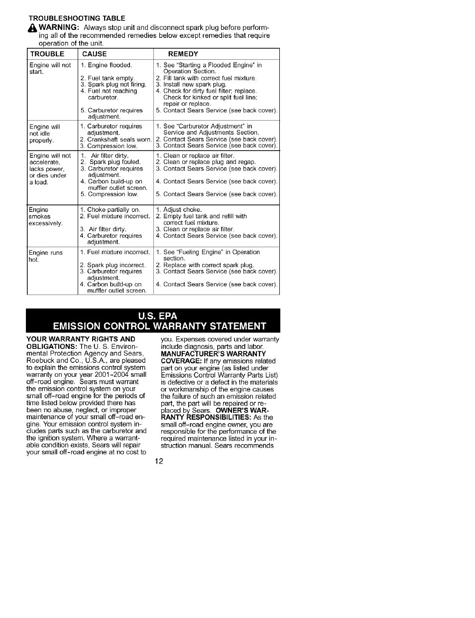 U.s. epa, Emission control warranty statement, U.s. epa emission control warranty statement | Craftsman 358.795580 User Manual | Page 12 / 28