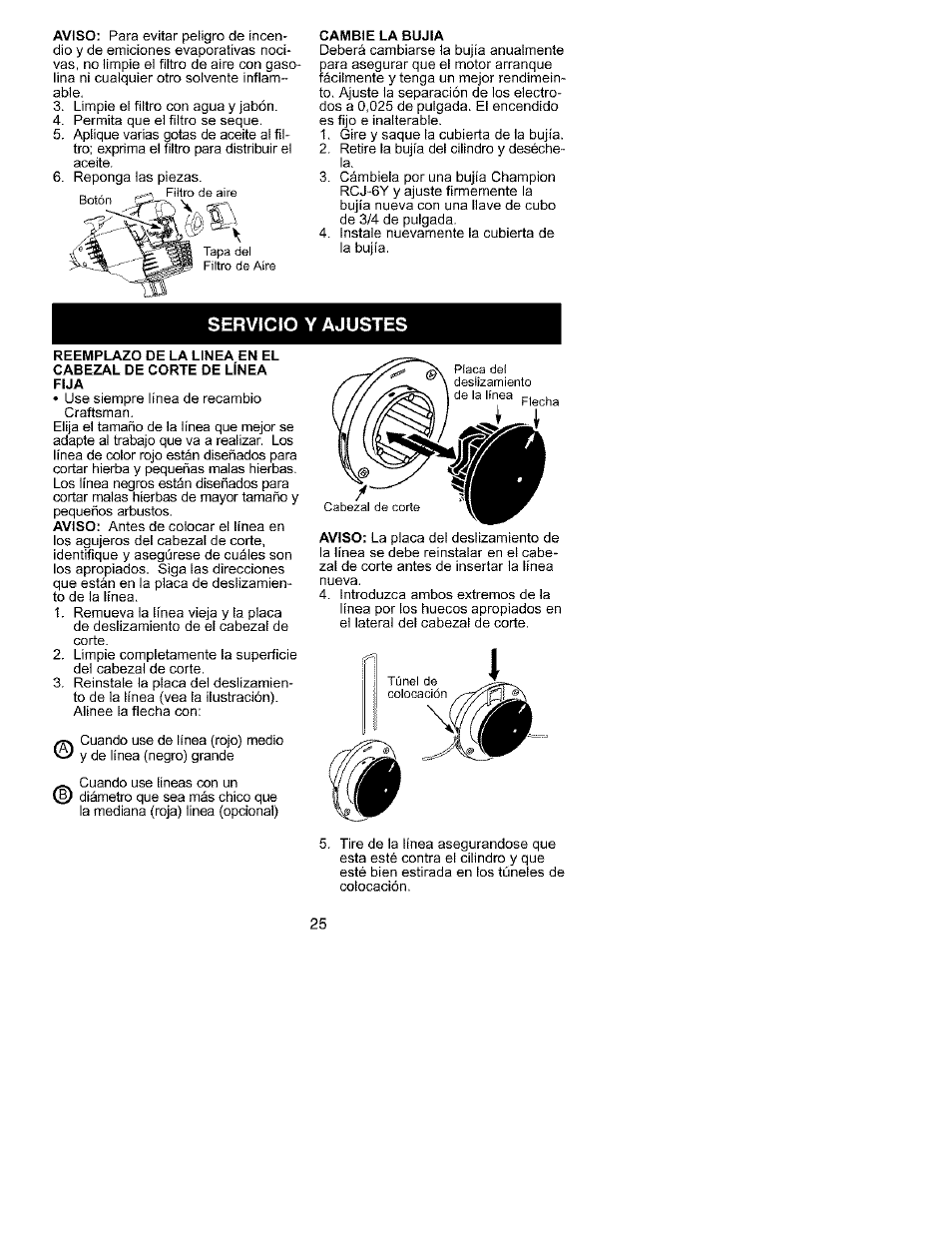 Servicio y ajustes | Craftsman 358.795580 User Manual | Page 23 / 28