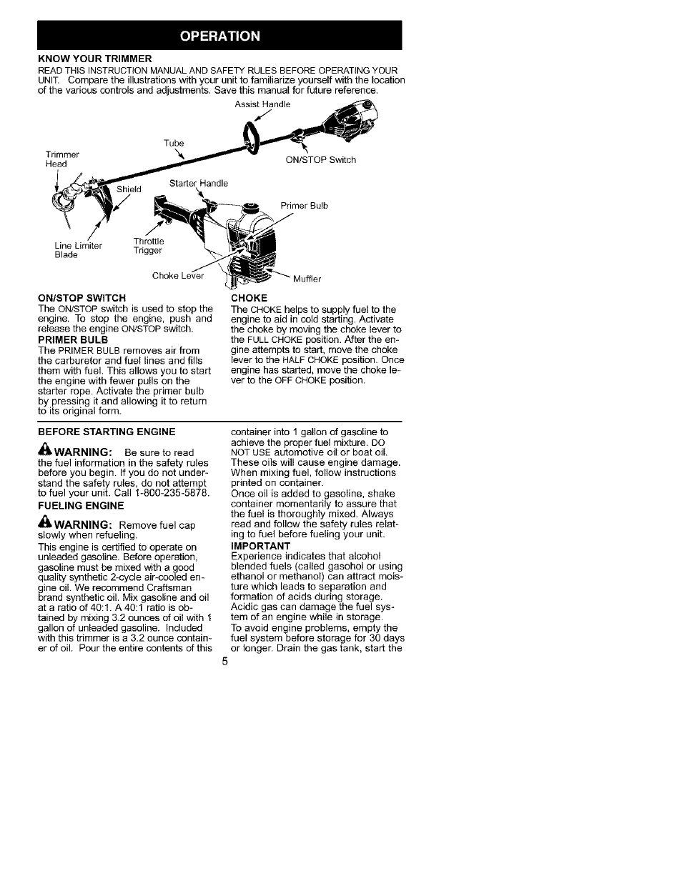 Operation | Craftsman 358.795580 User Manual | Page 5 / 28