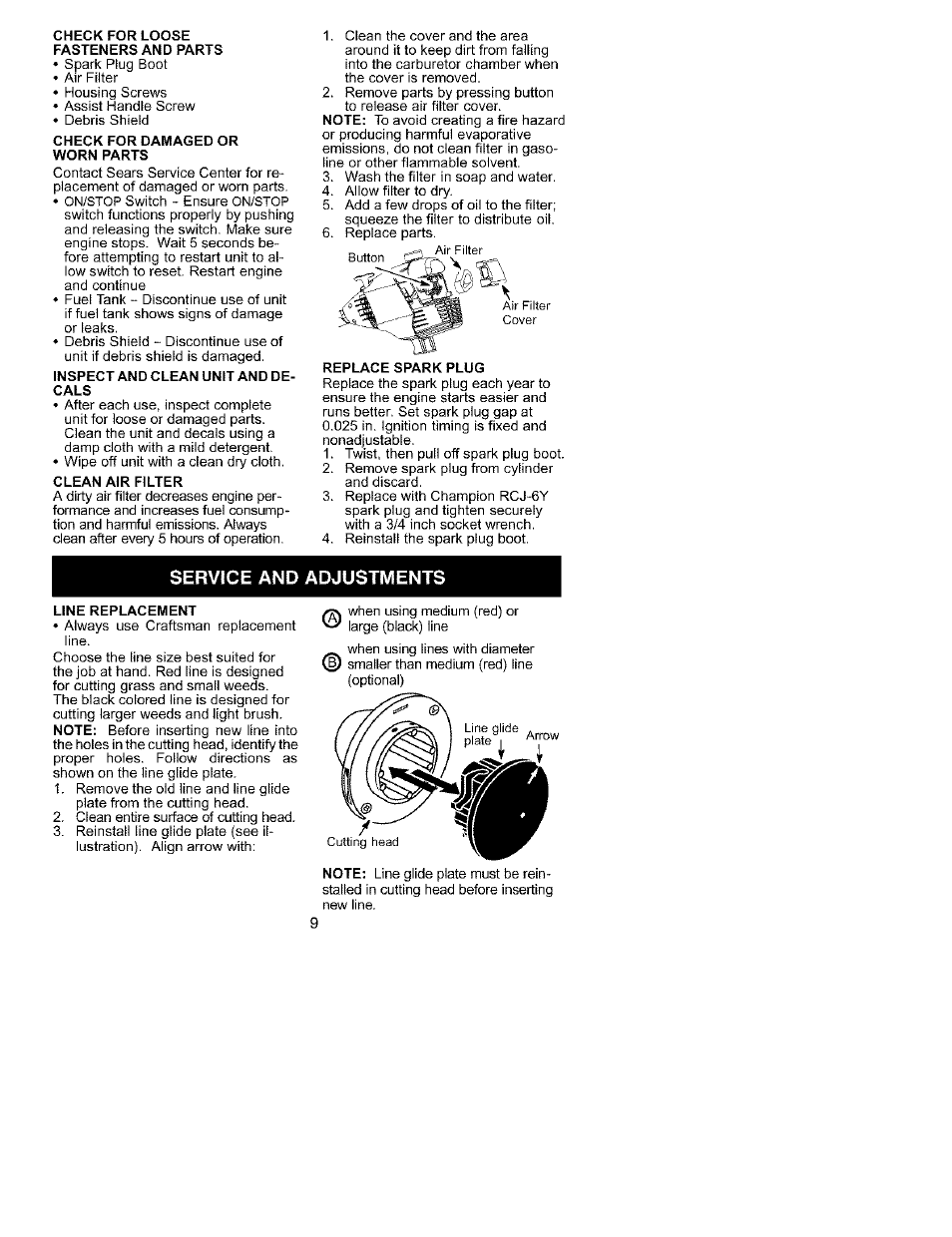 Service and adjustments, T — 1 | Craftsman 358.795580 User Manual | Page 9 / 28