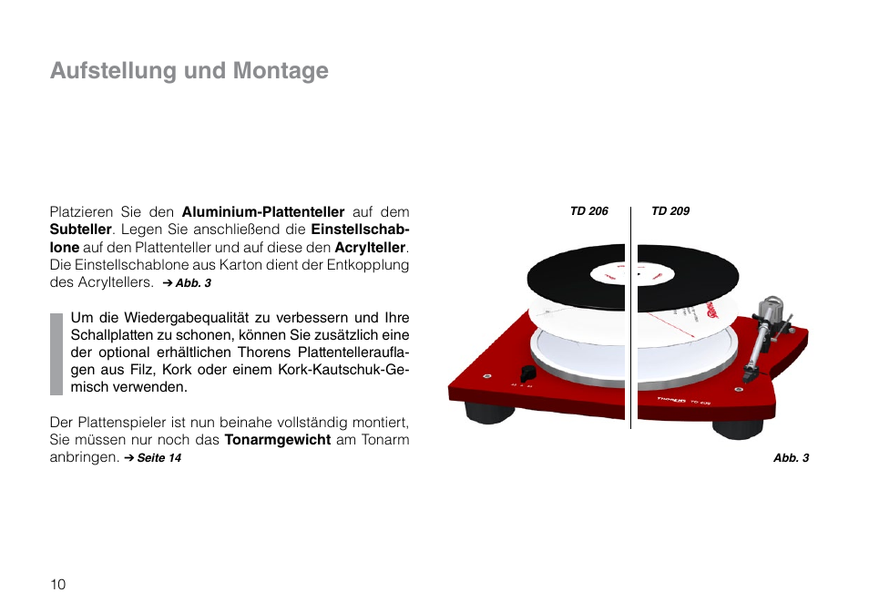 Aufstellung und montage | THORENS TD 209 User Manual | Page 10 / 56