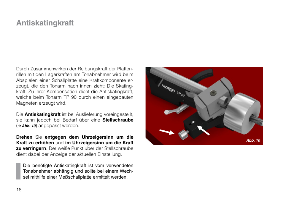 Antiskatingkraft | THORENS TD 209 User Manual | Page 16 / 56