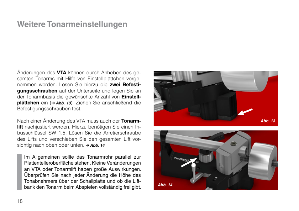 Weitere tonarmeinstellungen | THORENS TD 209 User Manual | Page 18 / 56