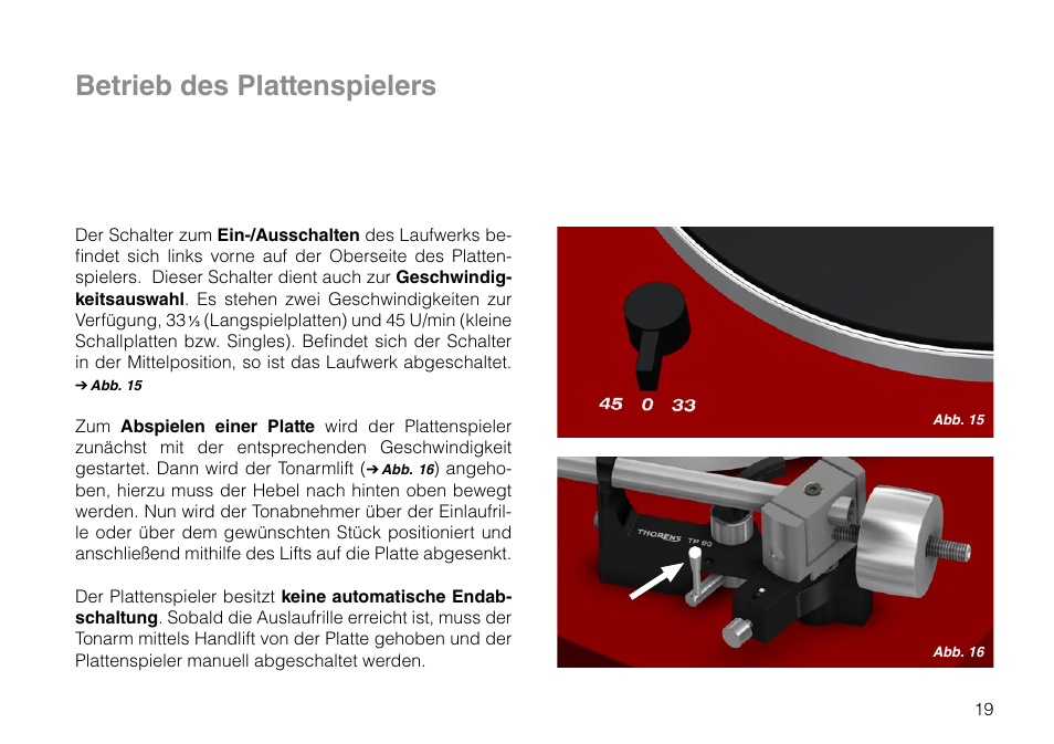 Betrieb des plattenspielers | THORENS TD 209 User Manual | Page 19 / 56