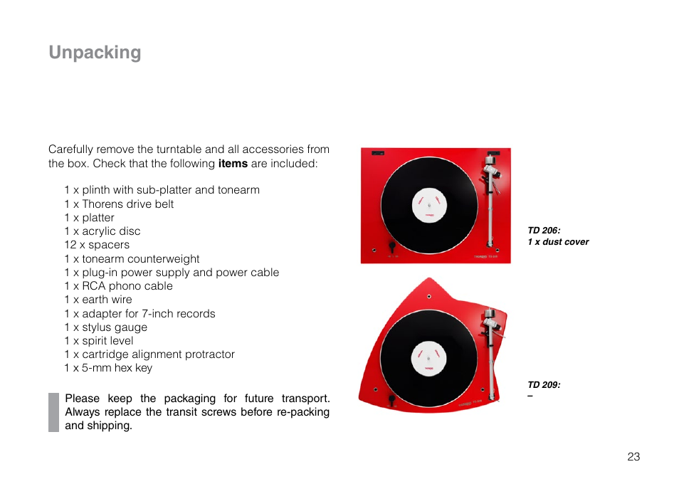 Unpacking | THORENS TD 209 User Manual | Page 23 / 56