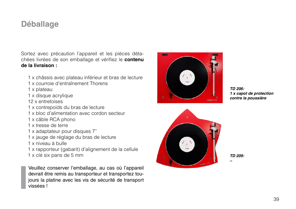 Déballage | THORENS TD 209 User Manual | Page 39 / 56