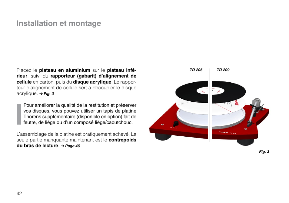 Installation et montage | THORENS TD 209 User Manual | Page 42 / 56