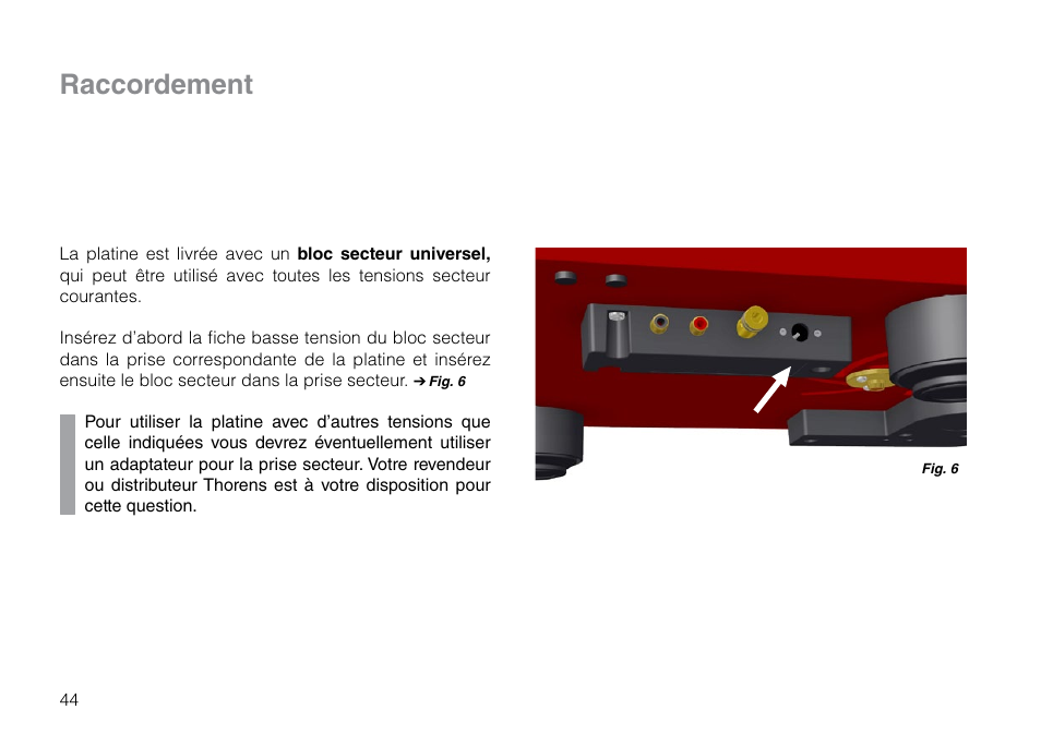 Raccordement | THORENS TD 209 User Manual | Page 44 / 56