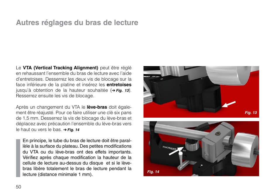 Autres réglages du bras de lecture | THORENS TD 209 User Manual | Page 50 / 56