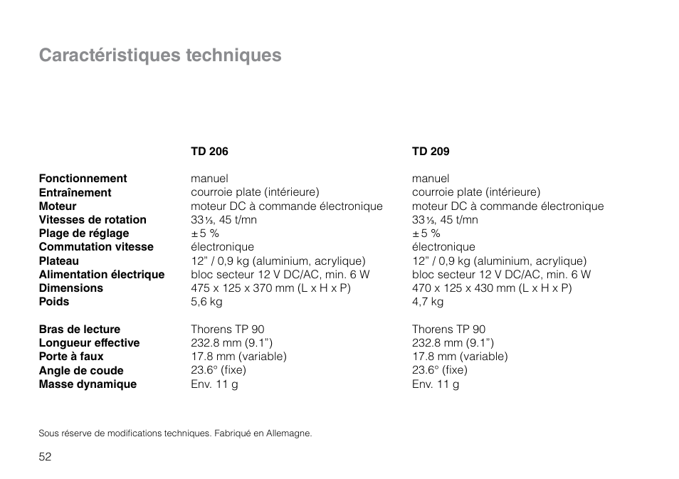 Caractéristiques techniques | THORENS TD 209 User Manual | Page 52 / 56