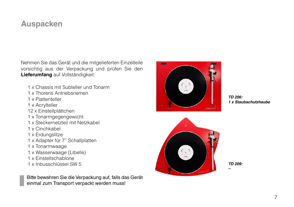 Auspacken | THORENS TD 209 User Manual | Page 7 / 56